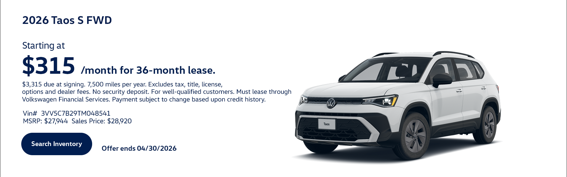 2026 Taos S FWD Lease